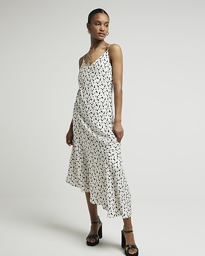 White Spot Asymmetric Hem Slip Dress