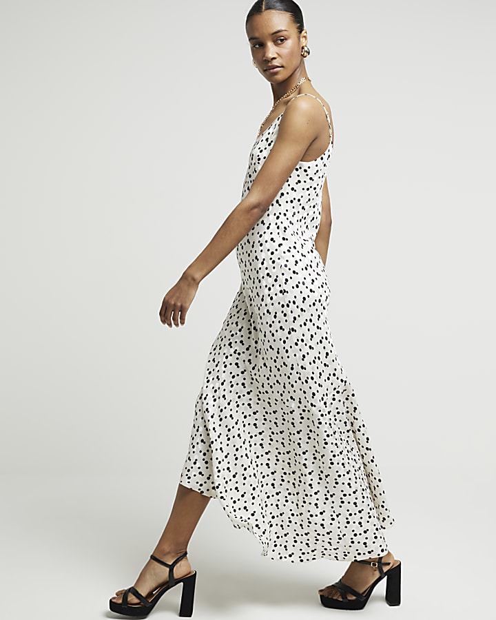 White Spot Asymmetric Hem Slip Dress