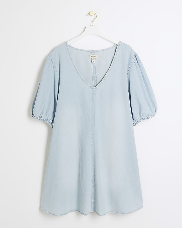 Plus blue denim puff sleeve shift mini dress