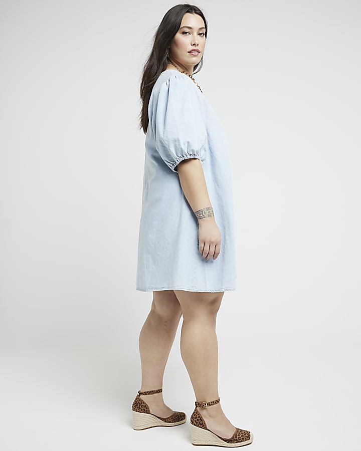 Plus blue denim puff sleeve shift mini dress