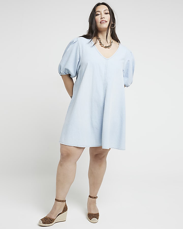 Plus blue denim puff sleeve shift mini dress