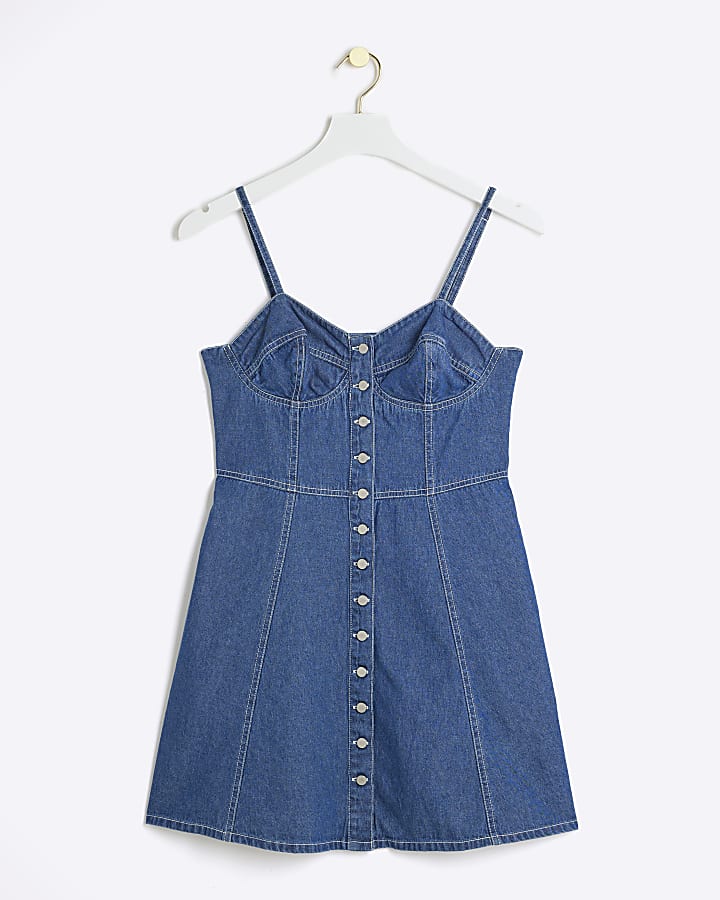 Petite Blue Denim Button Up Shift Mini Dress