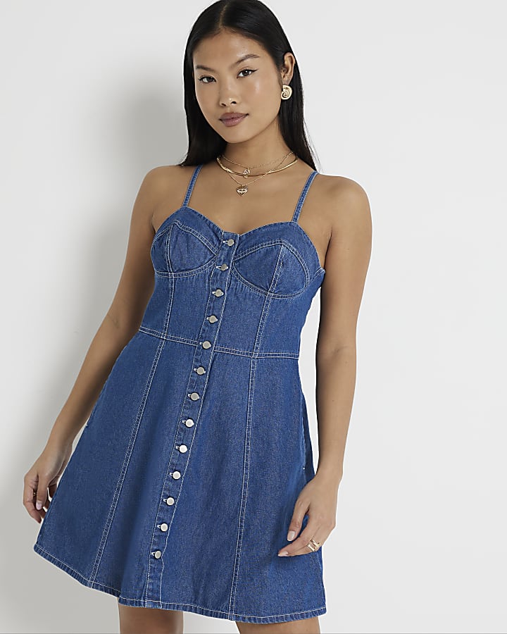 Petite Blue Denim Button Up Shift Mini Dress