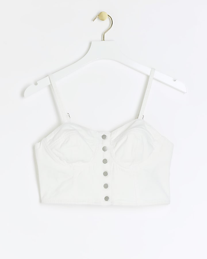 Petite White Denim Crop Cami Top