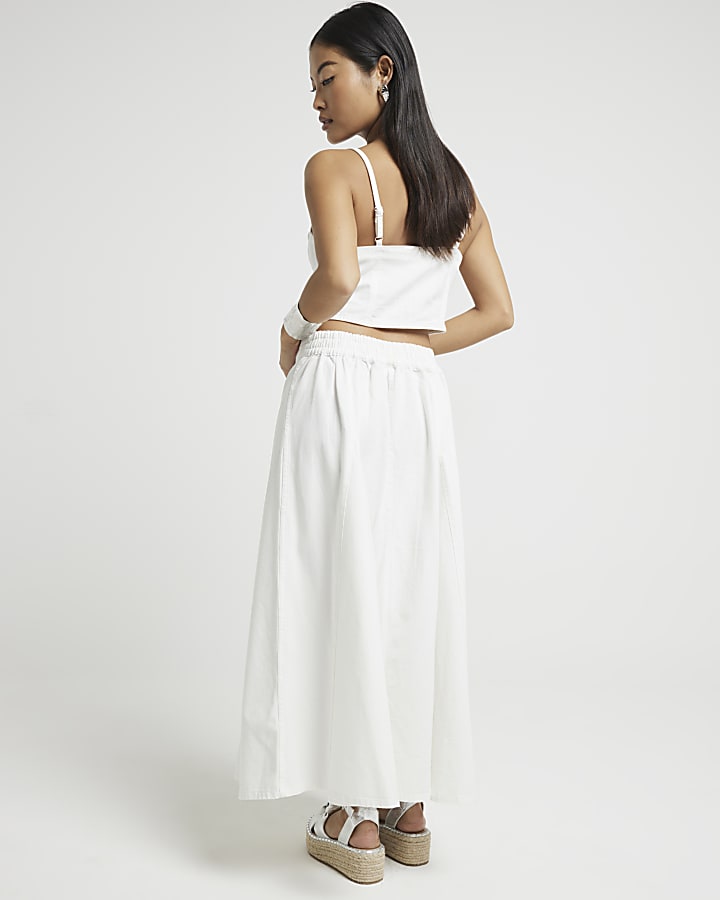 Petite White Denim Button Up Midi Skirt