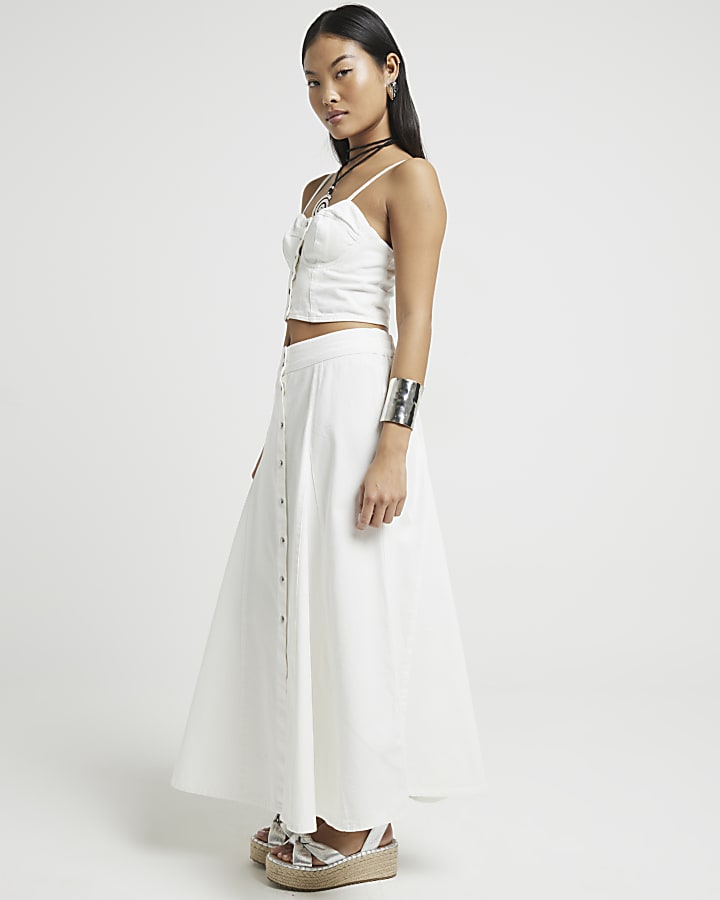 Petite White Denim Button Up Midi Skirt