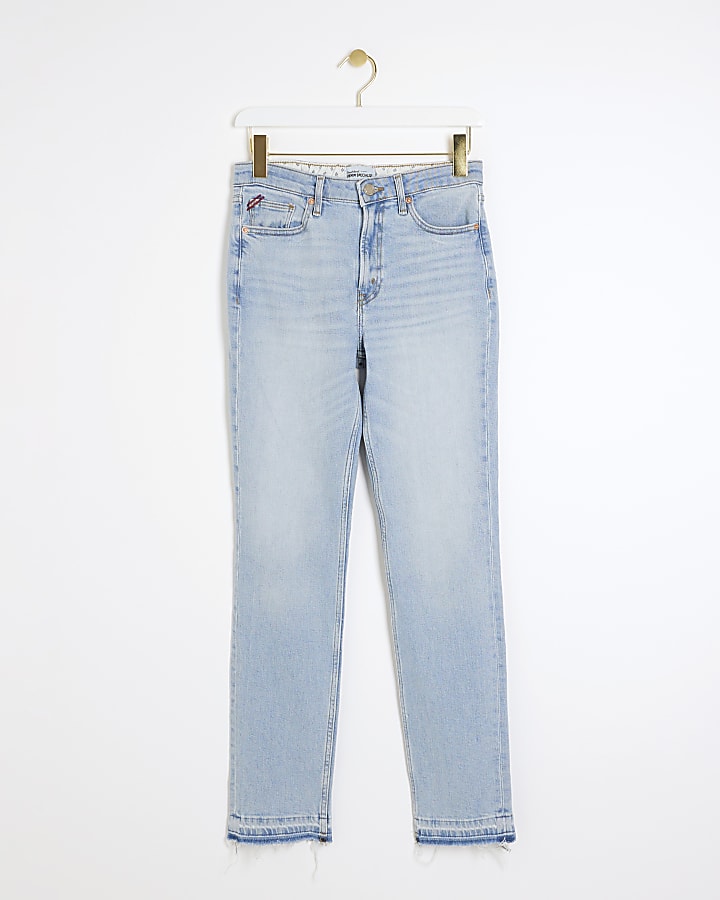 Blue high waisted slim fit straight leg jeans