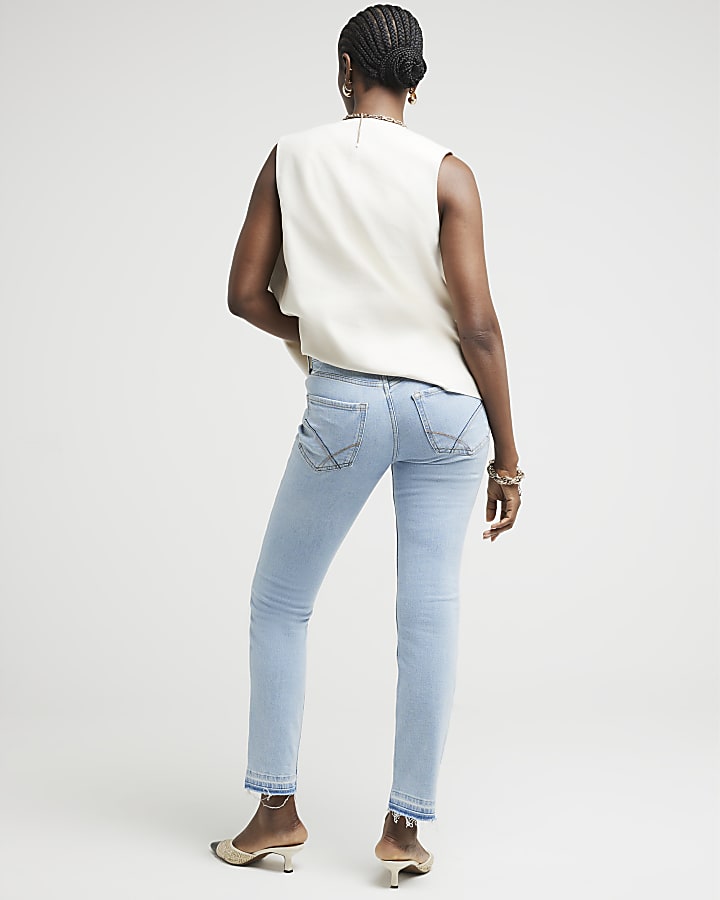 Blue high waisted slim fit straight leg jeans