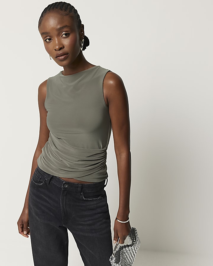 Khaki drape wrap top