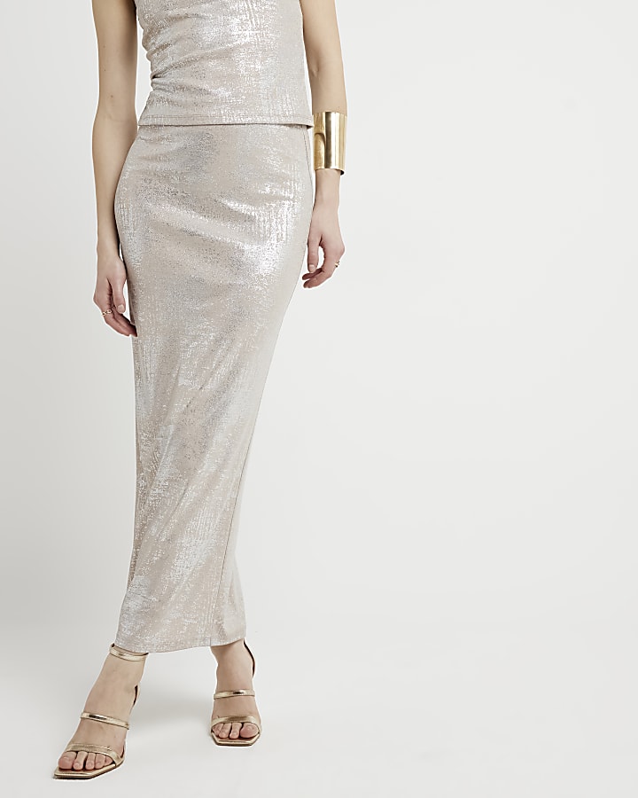 Beige stone foil print midi skirt