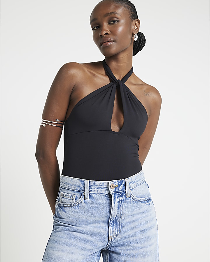 Black halter twist bodysuit