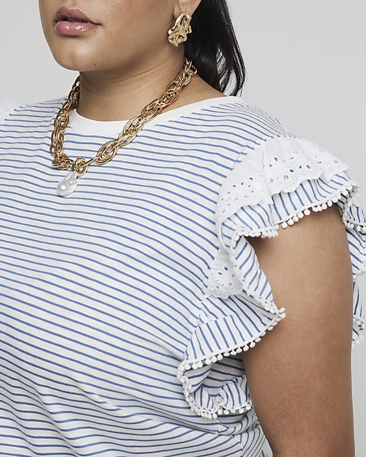 Plus White Stripe frill sleeve t-shirt