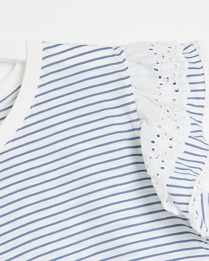 Plus White Stripe frill sleeve t-shirt