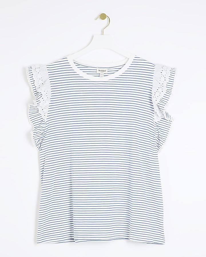 Plus White Stripe frill sleeve t-shirt