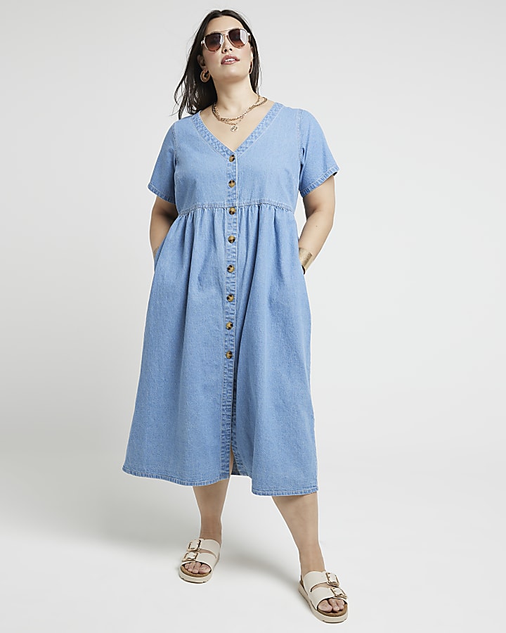 Plus blue denim button up skater midi dress