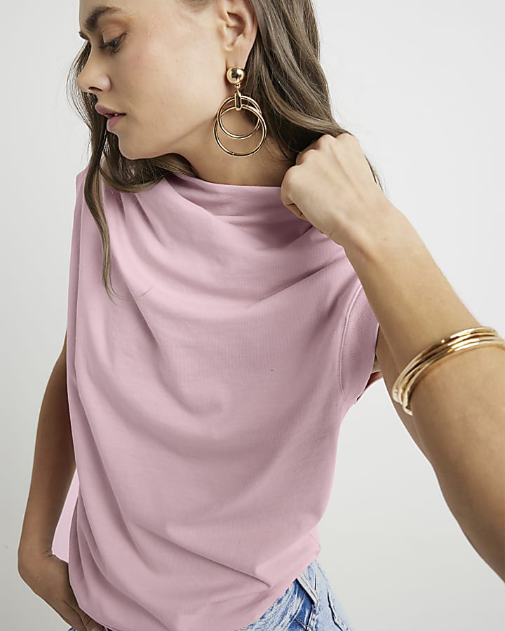 Pink Drape Cowl Neck Tank Top