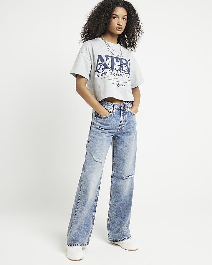 Grey Graphic print Boxy Cropped T-shirt