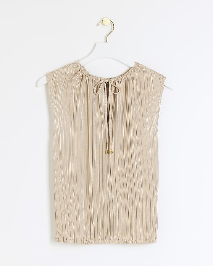 Beige plisse tie neck sleeveless top