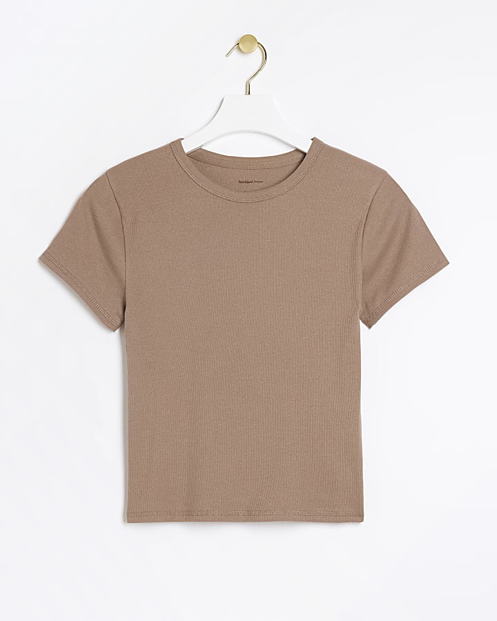 Brown ribbed crop t-shirt