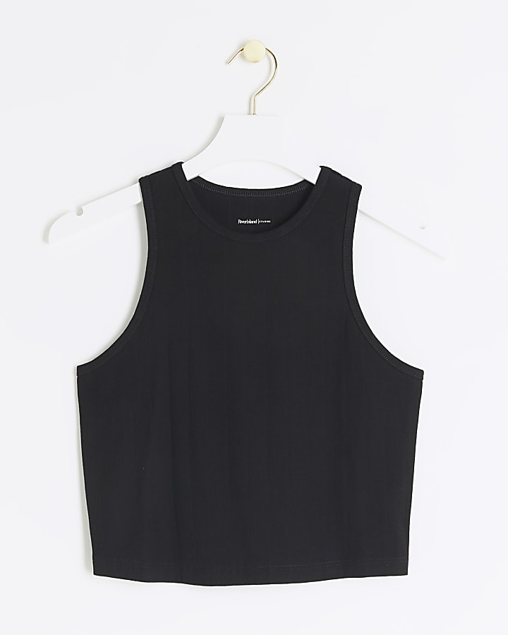 Black ribbed crop racer tank top