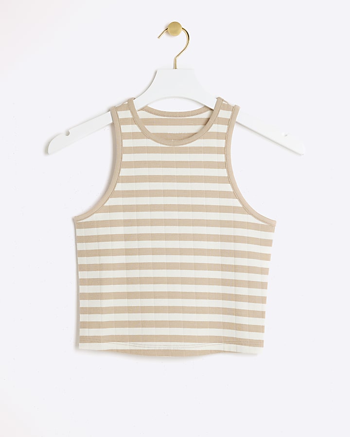 Beige ribbed stripe crop tank top