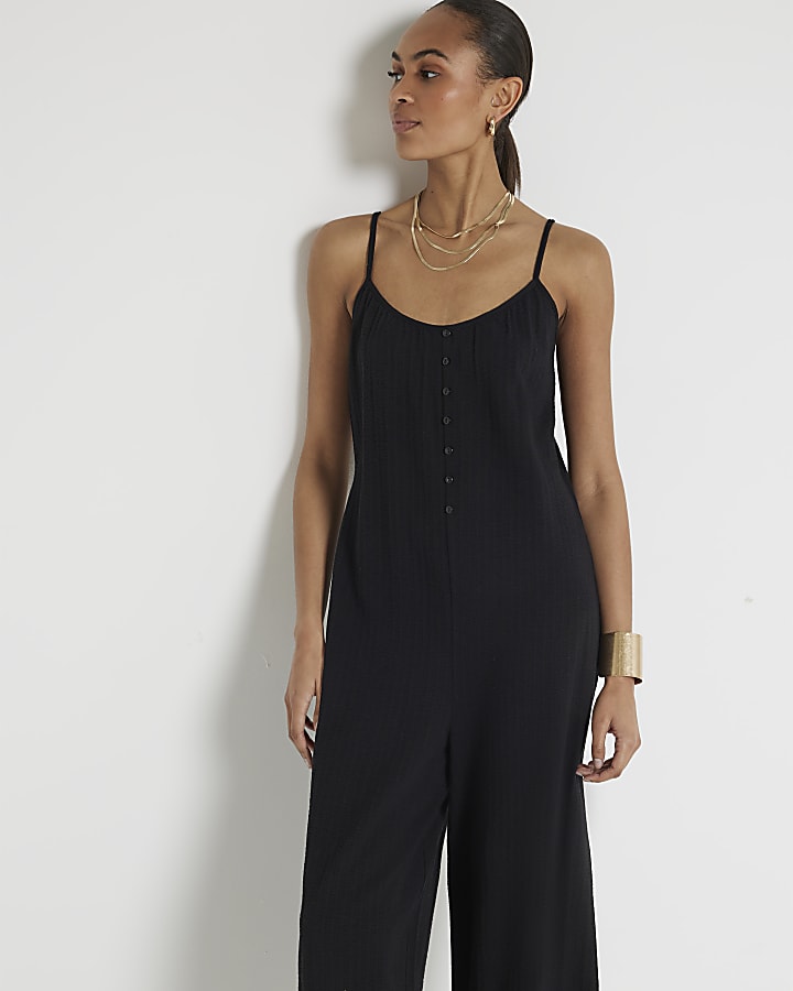 Black textured button jumpsuit