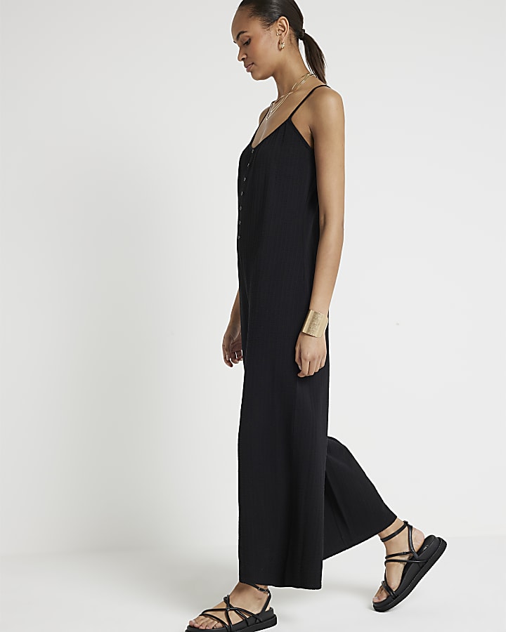 Black textured button jumpsuit