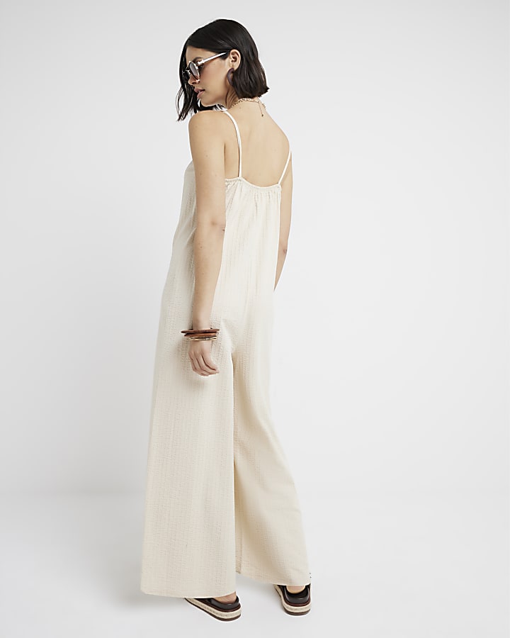 Cream textured button jumpsuit