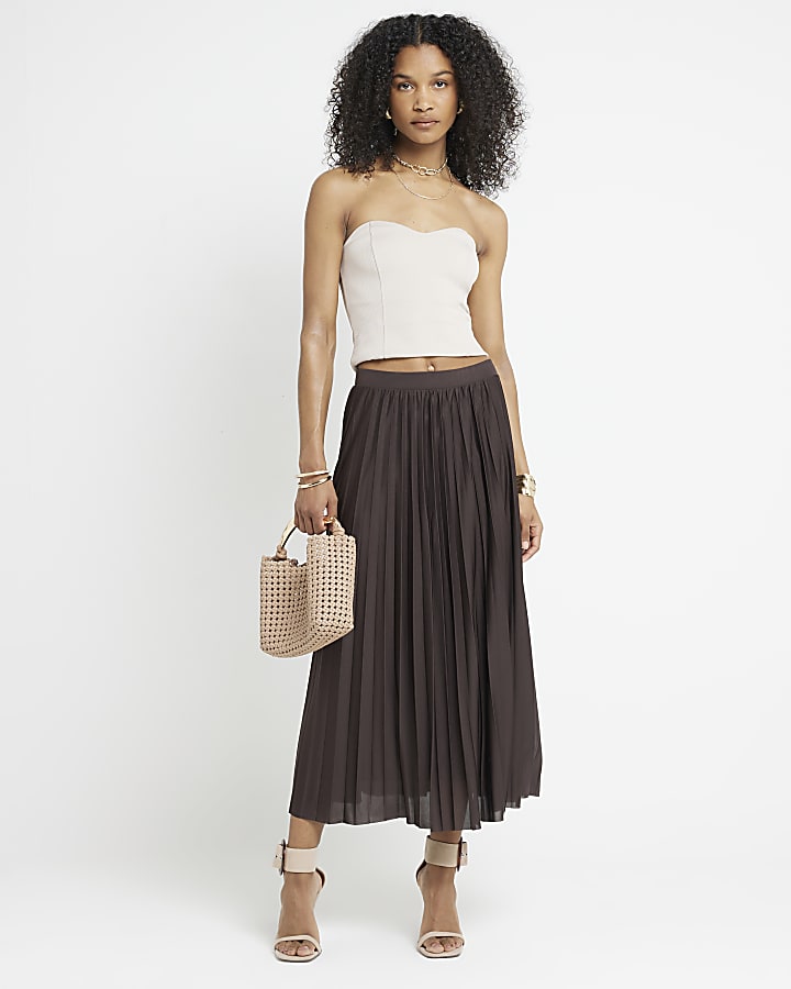 Brown pleated midi skirt