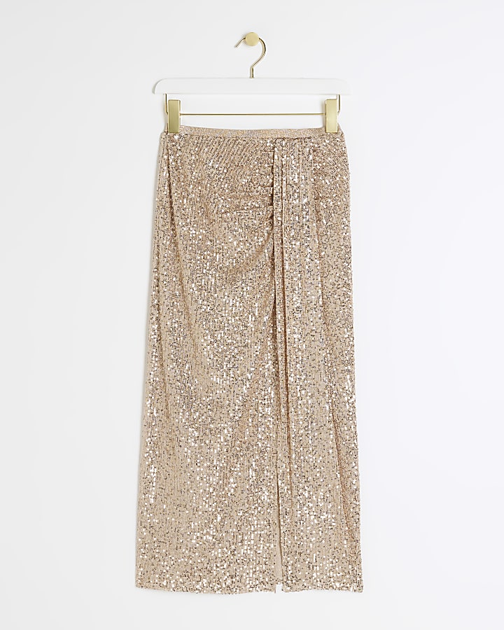 Rose gold sequin drape midi skirt