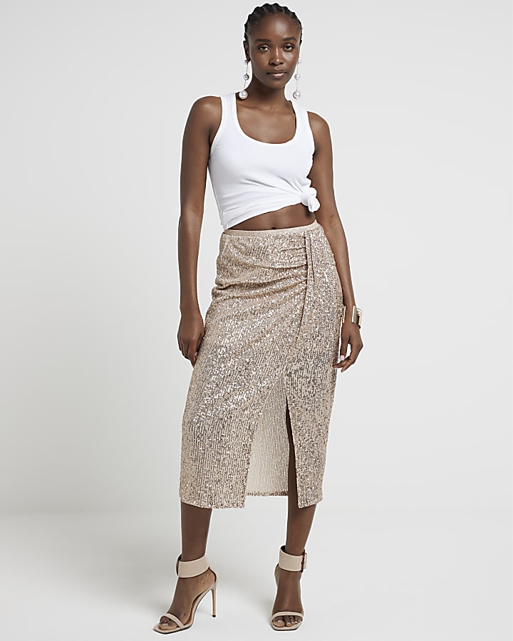 Rose gold sequin drape midi skirt