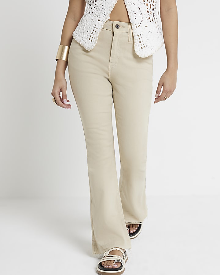 Petite Beige High Waisted Flared Jeans