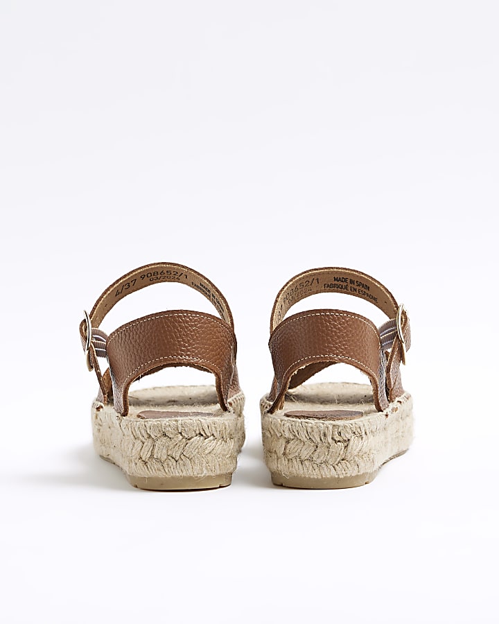 Brown Leather Espadrille Flat Sandals