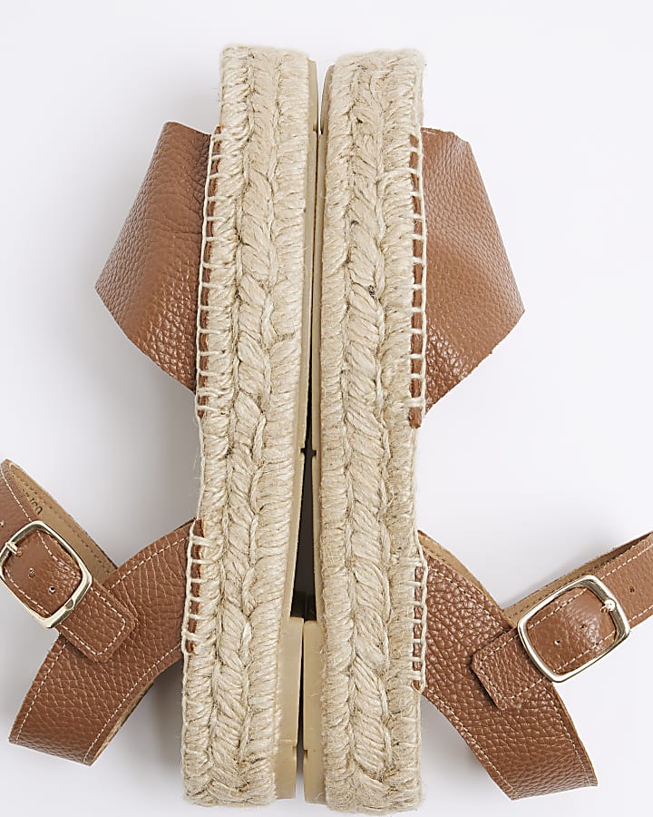 Brown Leather Espadrille Flat Sandals