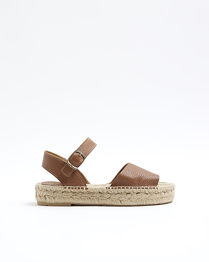 Brown Leather Espadrille Flat Sandals