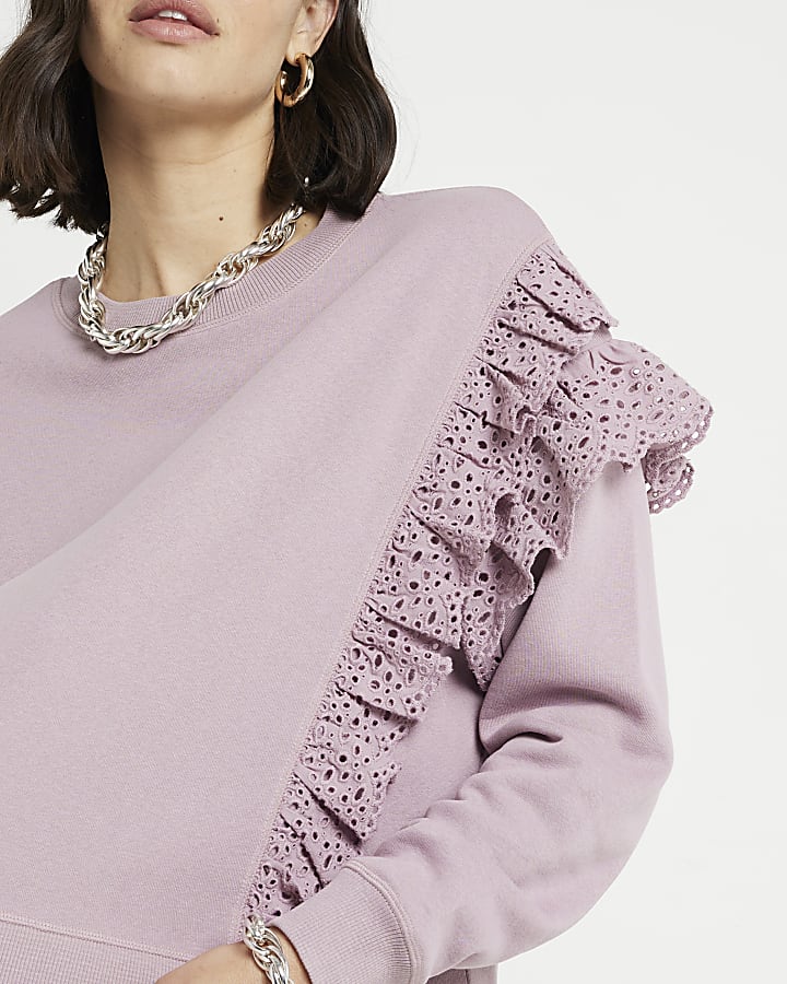 Pink broderie frill trim sweatshirt