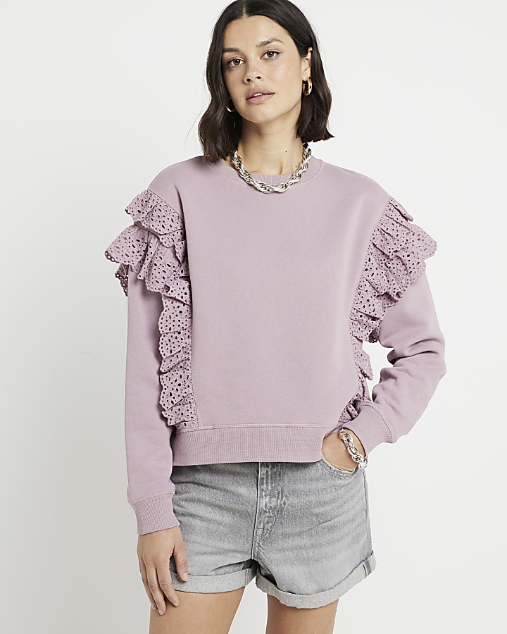 Pink broderie frill trim sweatshirt