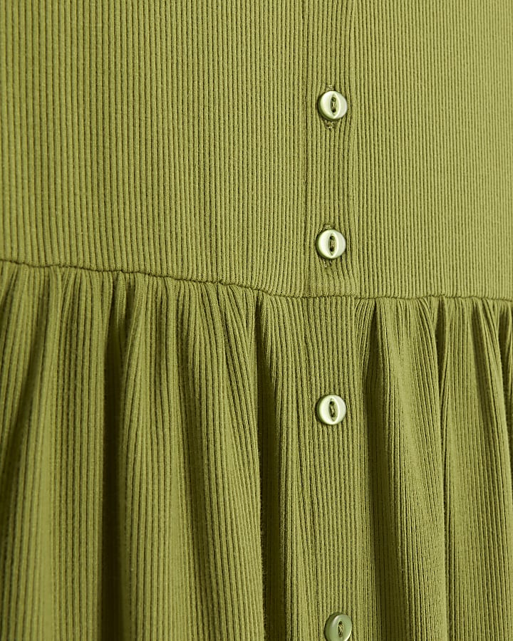 Green ribbed button up skater midi dress