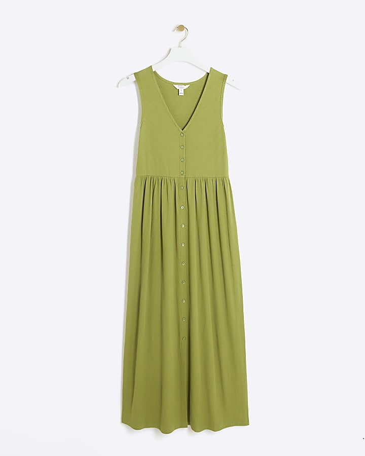 Green ribbed button up skater midi dress