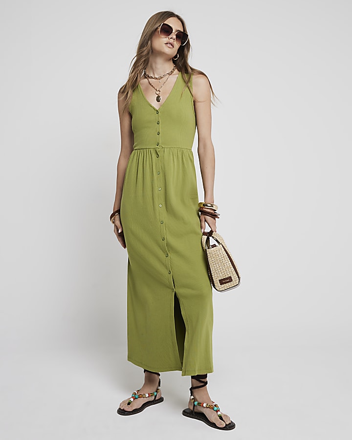 Green ribbed button up skater midi dress