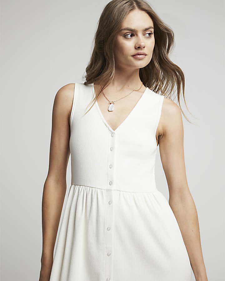 Cream ribbed button up skater midi dress