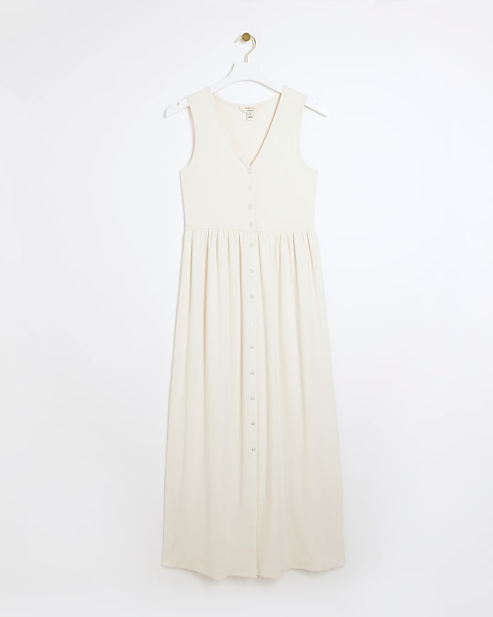 Cream ribbed button up skater midi dress