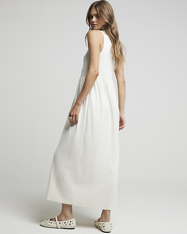 Cream ribbed button up skater midi dress