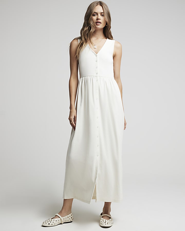 Cream ribbed button up skater midi dress