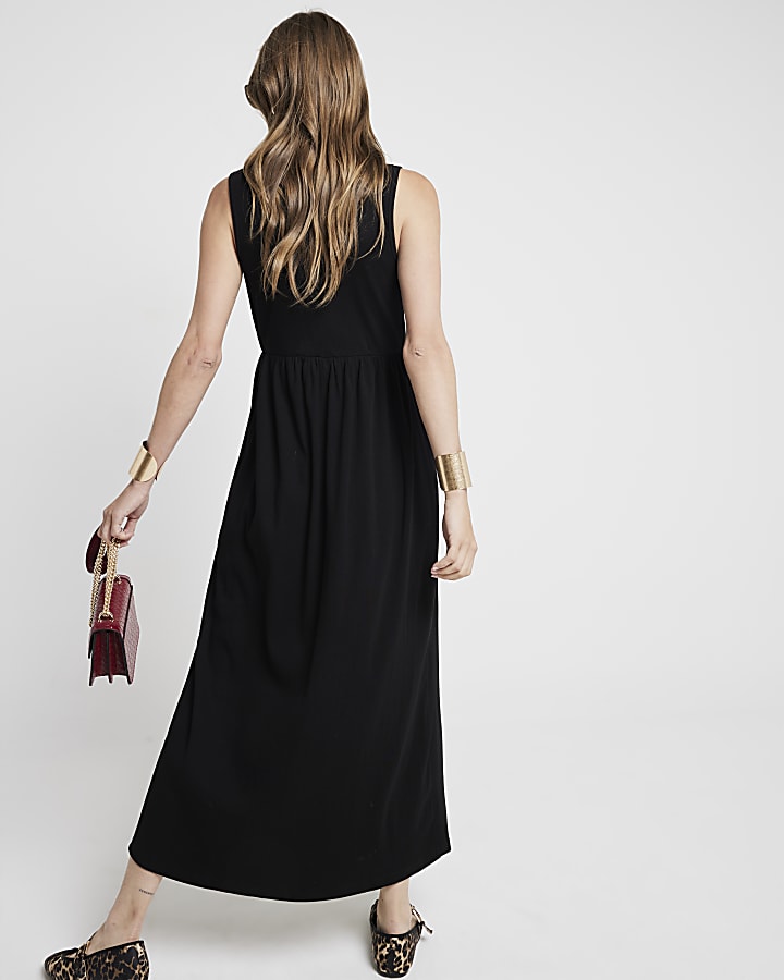 Black ribbed button up skater midi dress