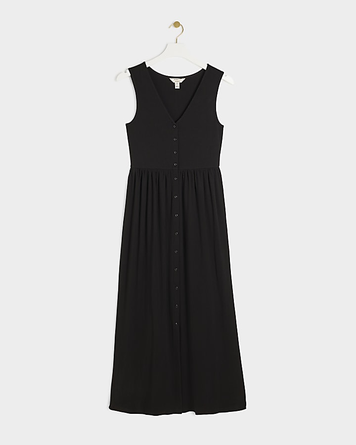 Black ribbed button up skater midi dress