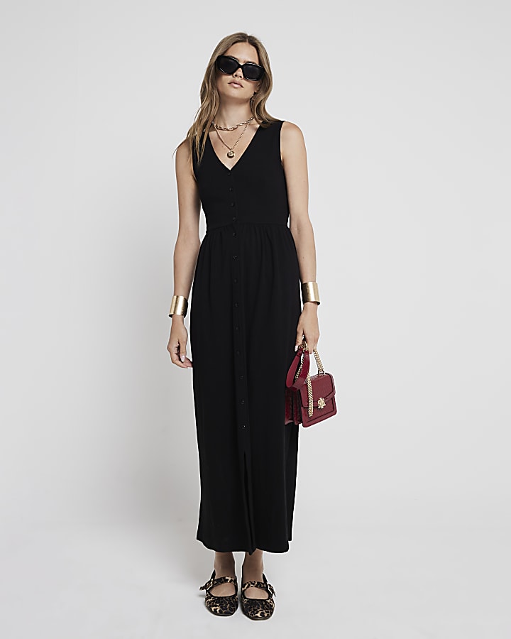 Black ribbed button up skater midi dress River Island