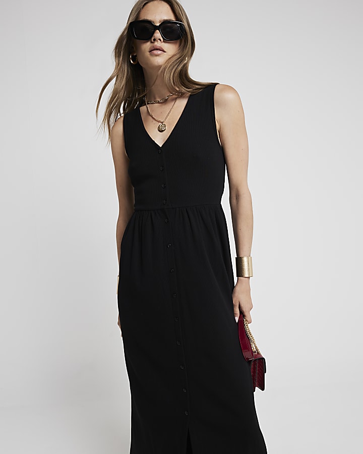 Black ribbed button up skater midi dress