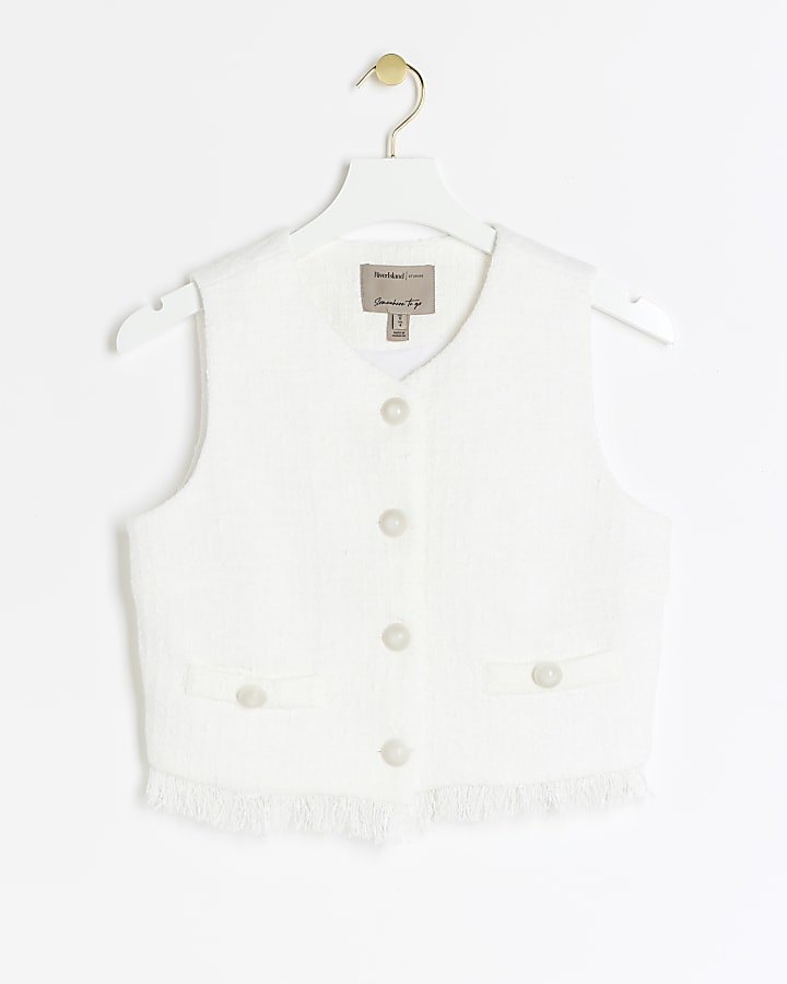 White Boucle Fringe Waistcoat