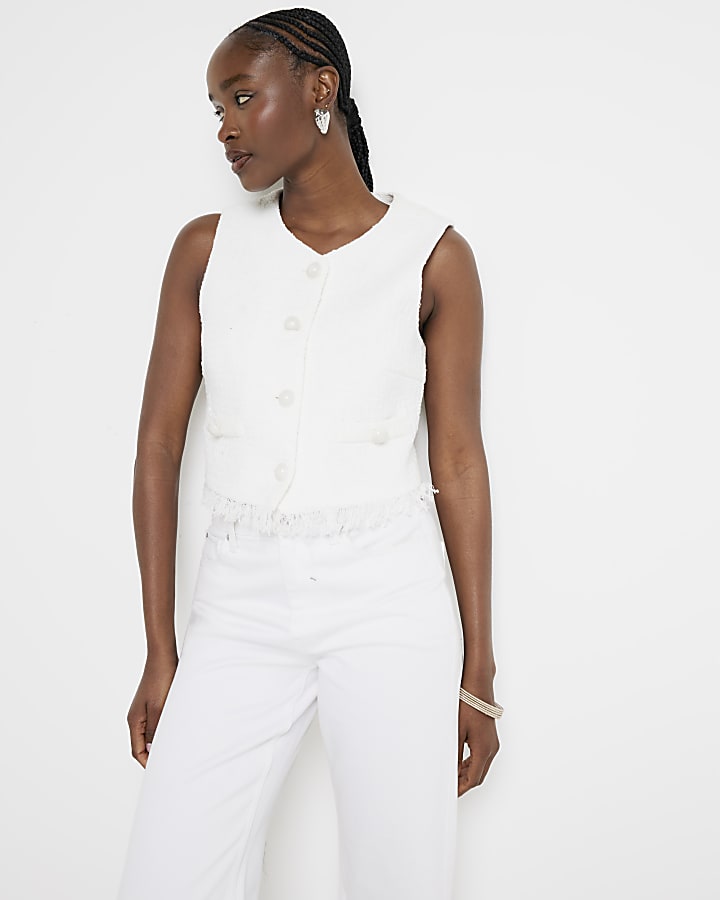 White Boucle Fringe Waistcoat
